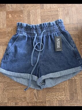Refuge Dark Blue Paperbag Waist Denim Shorts